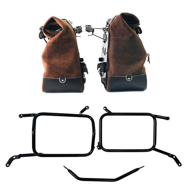 Unit Garage U204C+2281_BL Pair of Cult side panniers in waxed suede with aluminium back plate + pair of stainless steel quick release system and lock + Inox Subframe for Aluminium side panniers Moto Guzzi V85 TT (2024 until now)