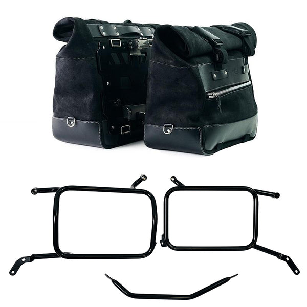 Unit Garage U204C+2281_BL Pair of Cult side panniers in waxed suede with aluminium back plate + pair of stainless steel quick release system and lock + Inox Subframe for Aluminium side panniers Moto Guzzi V85 TT (2024 until now)