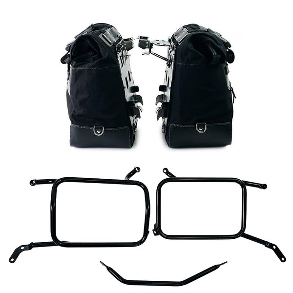 Unit Garage U204C+2281_BL Pair of Cult side panniers in waxed suede with aluminium back plate + pair of stainless steel quick release system and lock + Inox Subframe for Aluminium side panniers Moto Guzzi V85 TT (2024 until now)