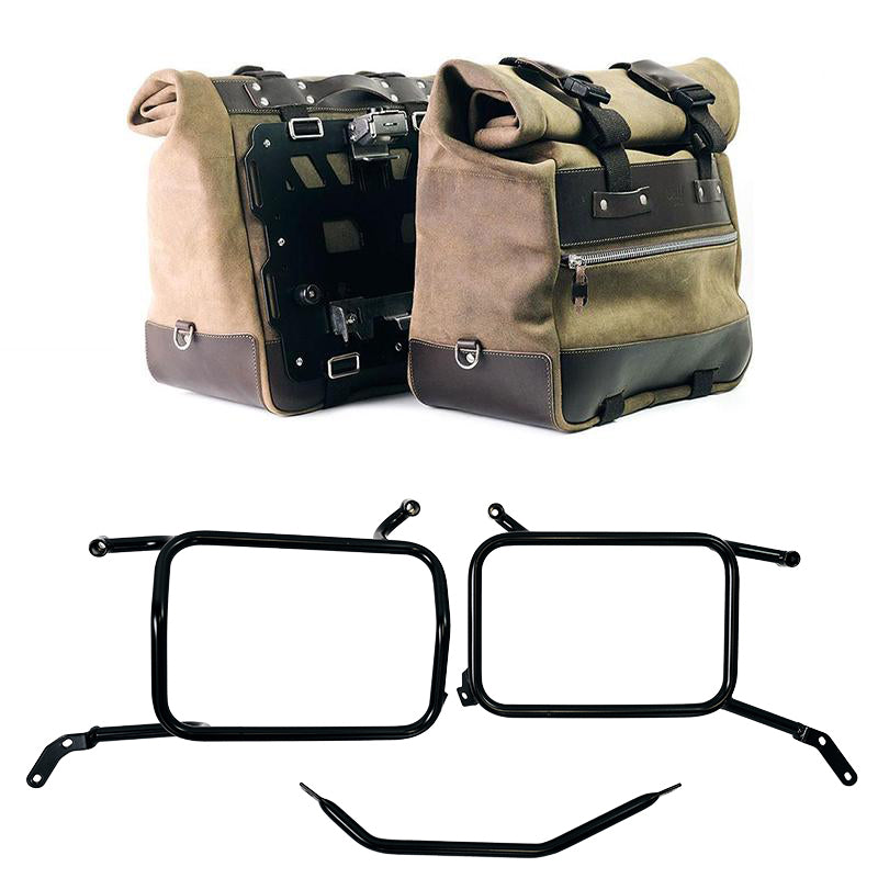 Unit Garage U204C+2281_BL Pair of Cult side panniers in waxed suede with aluminium back plate + pair of stainless steel quick release system and lock + Inox Subframe for Aluminium side panniers Moto Guzzi V85 TT (2024 until now)