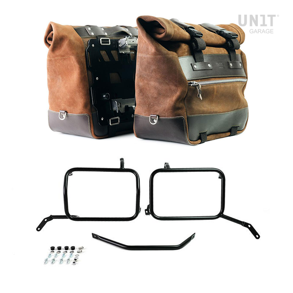 Unit Garage U204C+2252_BL Pair of Cult side panniers in waxed suede with aluminium back plate + pair of stainless steel quick release system and lock + Inox Subframe for Aluminium side panniers Moto Guzzi V85TT