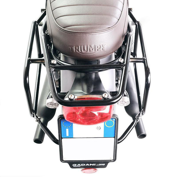 Unit Garage 2xU204+3147_BL Pair of Cult side panniers in waxed suede with aluminium back plate + pair of stainless steel quick release system and lock + Subframes for aluminum side panniers Atlas ​​​​​​​i modelli Triumph Bonneville T120