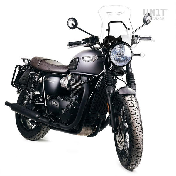 Unit Garage 2xU204+3147_BL Pair of Cult side panniers in waxed suede with aluminium back plate + pair of stainless steel quick release system and lock + Subframes for aluminum side panniers Atlas ​​​​​​​i modelli Triumph Bonneville T120