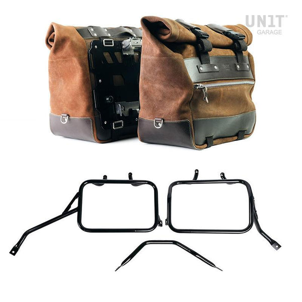Unit Garage U204C+4202_BL Pair of Cult side panniers in waxed suede with aluminium back plate + pair of stainless steel quick release system and lock + Subframes for aluminum side panniers Atlas for Triumph Scrambler 400 X