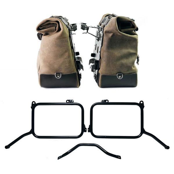 Unit Garage 2xU204+3812_BL Pair of Cult side panniers in waxed suede 40L - 50L + Pair of aluminum plates + Subframes Royal Enfield Himalayan 450 for original exhaust (2024 until now)
