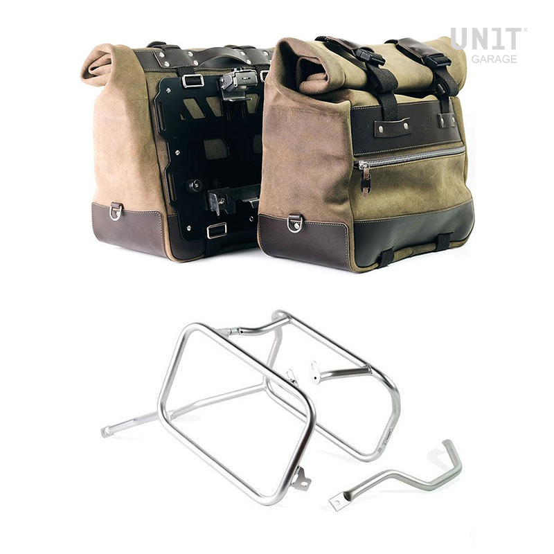 Unit Garage U204C+3106 Pair of Cult side panniers in waxed suede with aluminium back plate + pair of stainless steel quick release system and lock + Triumph 1200 XC-XE frames for Atlas aluminum side panniers