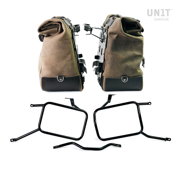 Unit Garage U204C+3143_BL Pair of Cult side panniers in waxed suede with aluminium back plate + pair of stainless steel quick release system and lock + Triumph Street Scrambler frames for Atlas aluminum side panniers