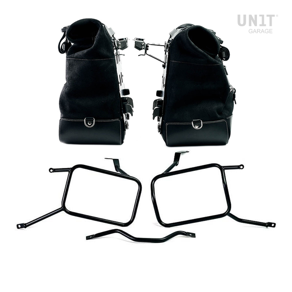Unit Garage U204C+3143_BL Pair of Cult side panniers in waxed suede with aluminium back plate + pair of stainless steel quick release system and lock + Triumph Street Scrambler frames for Atlas aluminum side panniers