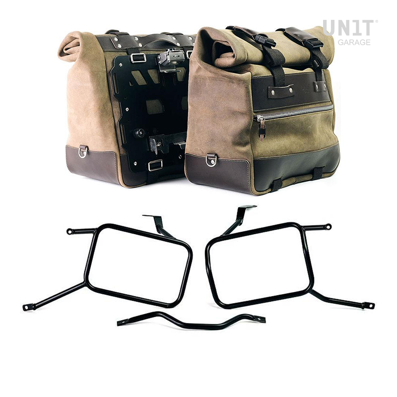 Unit Garage U204C+3143_BL Pair of Cult side panniers in waxed suede with aluminium back plate + pair of stainless steel quick release system and lock + Triumph Street Scrambler frames for Atlas aluminum side panniers