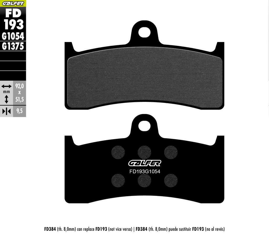 GALFER FD193G1054 official brake pad drawing, 92 x 51.5 mm, 9.5 mm thick