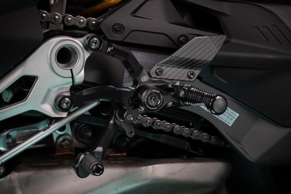 GILLES TOOLING MUE2 Rearsets installed left side Ducati Streetfighter V4 S 2025
