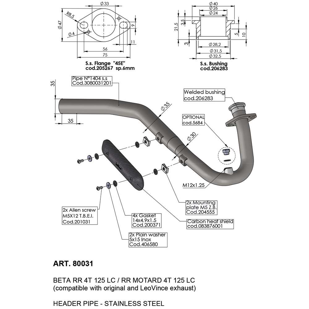 LeoVince HEADER PIPES 80031 — BETA RR 4T 125 LC / RR MOTARD 4T 125 LC 2021 - 2023