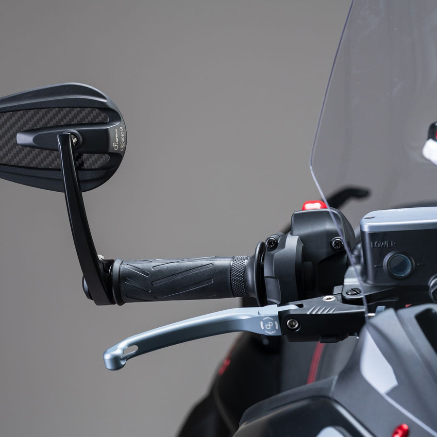 LighTech KLEV129JGRI grey J-type lever kit - installed right-hand lever detail on Yamaha TMAX; mirror and other motorcycle components excluded.