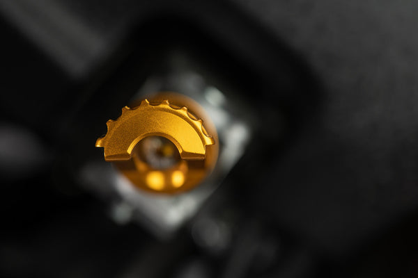 LighTech FTP100ORO single footpeg installed, gold end and tooth-profile detail; adapter, pin, original mounting bracket, motorcycle and other accessories are not included.