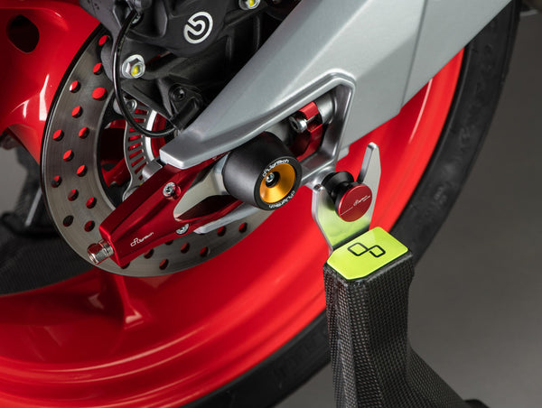 LighTech SCV003ROS swingarm paddock-stand spool installed, view 10; motorcycle, paddock stand, chain adjusters and axle protectors are not included.