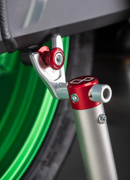 LighTech SCV005ROS swingarm paddock-stand spool installed, view 0; motorcycle, paddock stand, chain adjusters and axle protectors are not included.