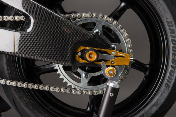 LighTech SCV003ORO swingarm paddock-stand spool installed, view 8; motorcycle, paddock stand, chain adjusters and axle protectors are not included.