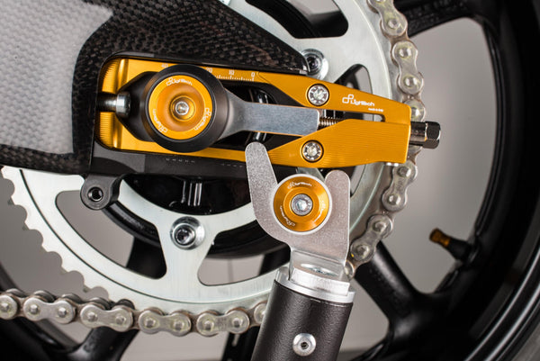 LighTech SCV003ORO swingarm paddock-stand spool installed, view 7; motorcycle, paddock stand, chain adjusters and axle protectors are not included.