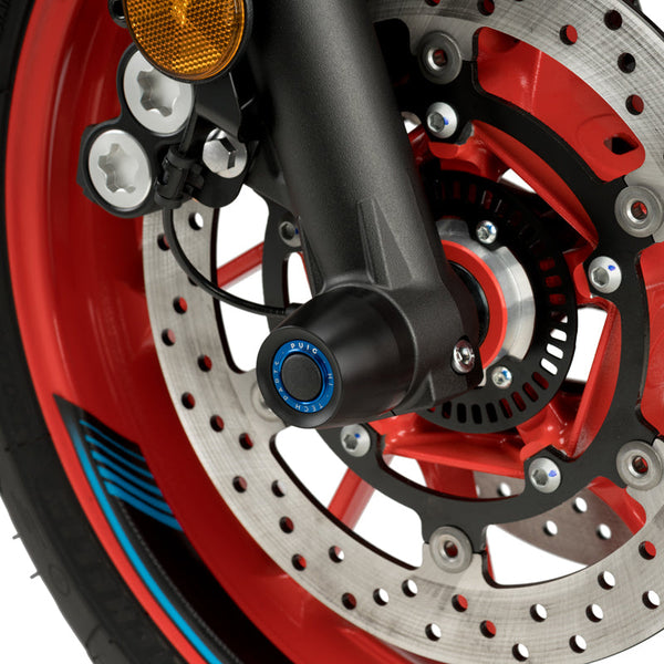 Puig 20028N front axle slider installed example with optional blue accent ring, sold separately