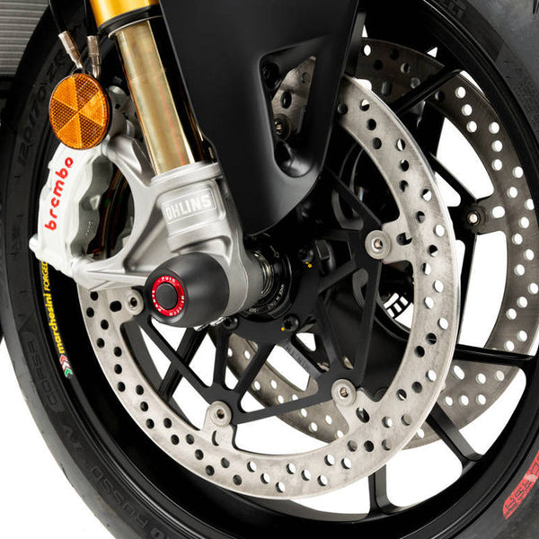 Puig 20058 PHB19 Front Axle Sliders for Ducati Panigale / Streetfighter; optional accent rings shown in installation examples are not included