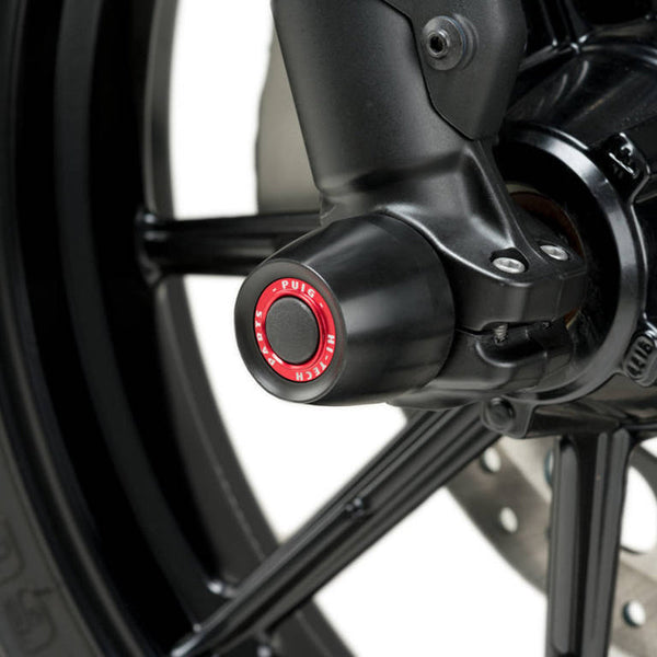 Puig 20143 PHB19 Front Axle Sliders for Ducati Scrambler; optional accent rings shown in installation examples are not included