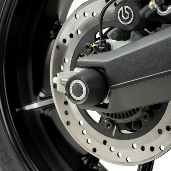 Puig 20158 PHB19 Rear Axle Sliders for Ducati Scrambler; optional accent rings shown in installation examples are not included