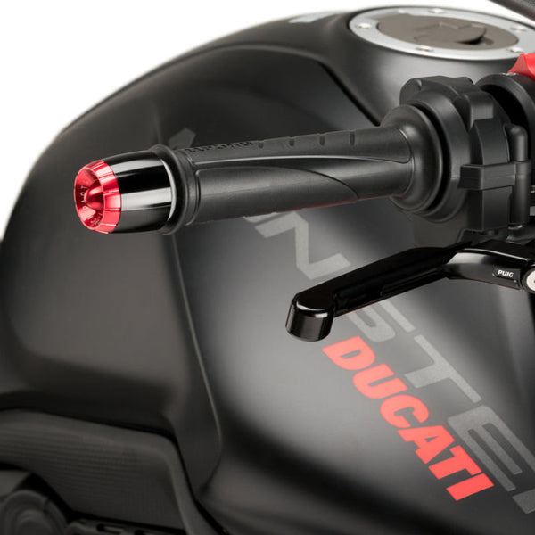 Puig 20721 Thruster Bar End Bases for Ducati Monster 937; optional 9420 cap shown is sold separately