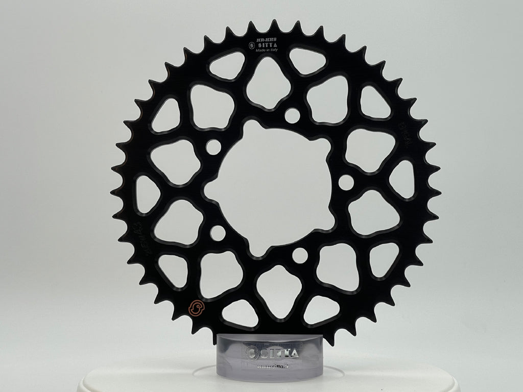 Sitta 205W WSBK rear sprocket series illustration in black HR20GP finish; selected SKU supplies clear anodized 42-tooth 520 sprocket. Finish and tooth count differ from illustration.
