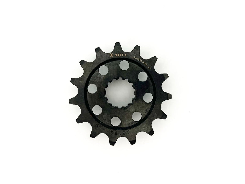 Sitta A001 front sprocket series; 520-pitch, 15-tooth illustration. Supplied pitch and tooth count follow the selected variant.