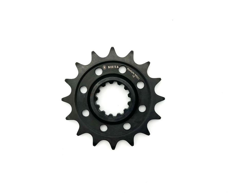 Sitta M001 16-tooth front sprocket series illustration; supplied pitch, tooth count and lightening-hole design follow the selected exact SKU.