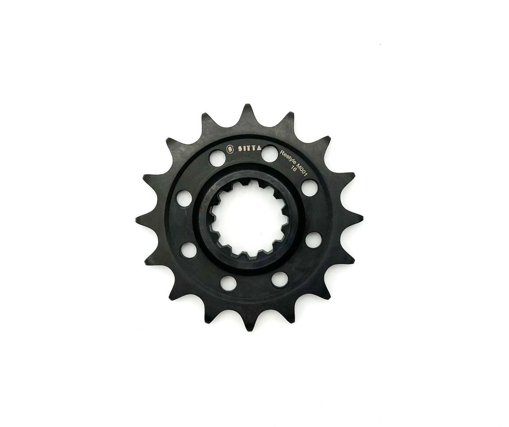 Sitta M001 16-tooth front sprocket series illustration; supplied pitch, tooth count and lightening-hole design follow the selected exact SKU.