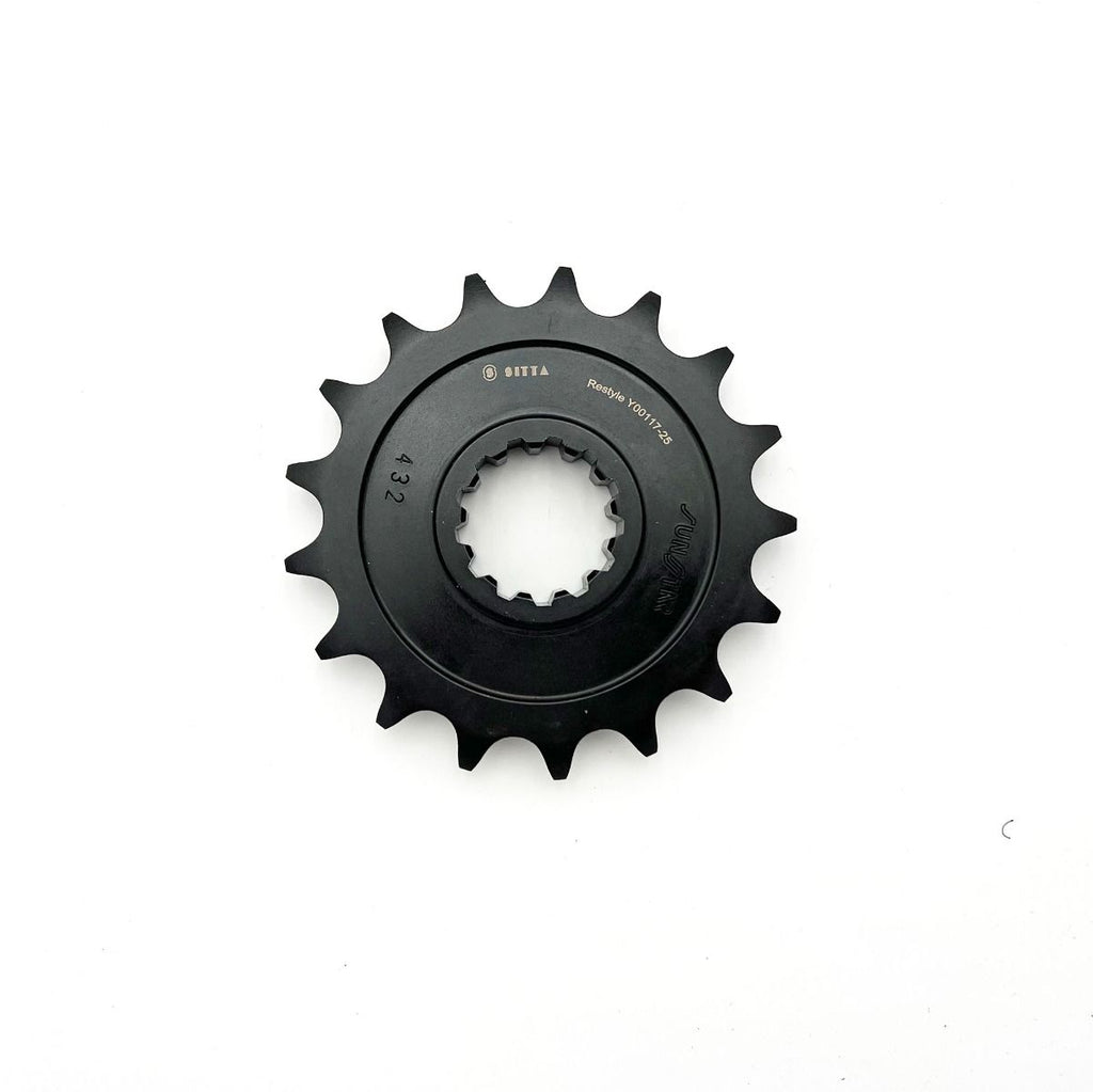 Sitta Restyle Y001 17-tooth 525 front sprocket series illustration; supplied chain pitch, tooth count and lightening-hole design follow the selected exact SKU.