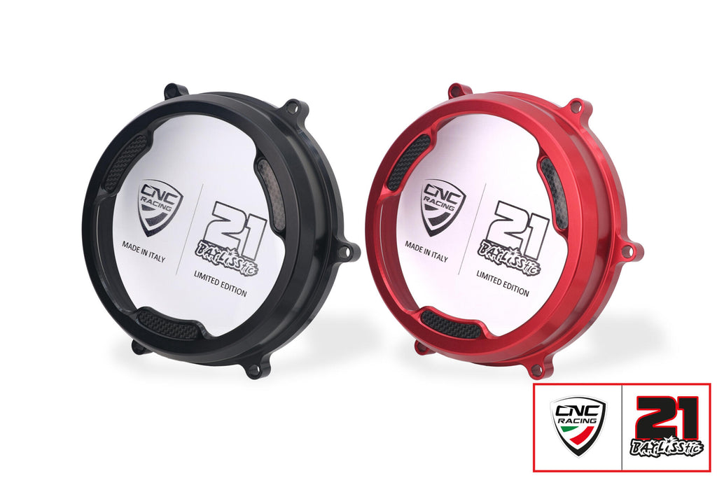 CNC RACING | Clear oil bath clutch cover with carbon fiber inlay for Ducati Panigale - Troy Bayliss Limited Edition 1