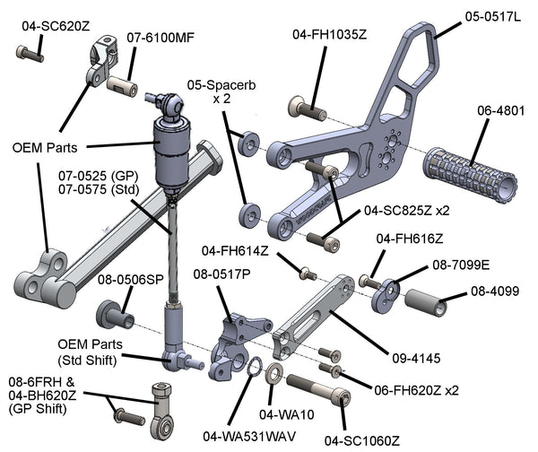 Woodcraft 05-0517BGP Triumph 765 Street Triple GP Shift Rearset with Sprocket Cover