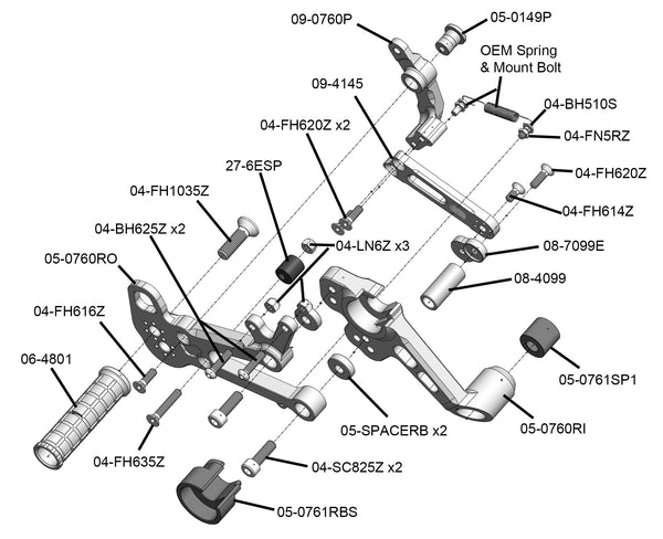 Woodcraft 05-0761B Aprilia RS457, Tuono 457 Adjustable Rearset Kit Complete W/Pedals