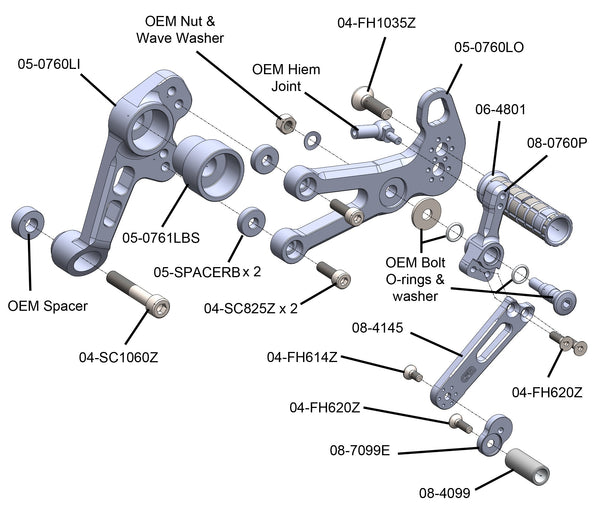 Woodcraft 05-0761B Aprilia RS457, Tuono 457 Adjustable Rearset Kit Complete W/Pedals