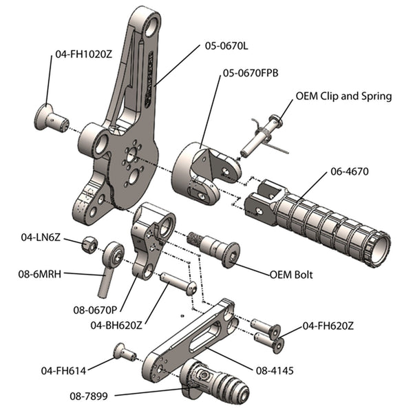 05-0670B Ducati Diavel 2011-20 STD Shift Complete Rearset W/Pedals - Woodcraft Technologies