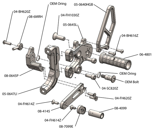Woodcraft 05-0647B Ducati Panigale V2 thru 2024/899/959/1199/1299 STD Shift Complete Rearset