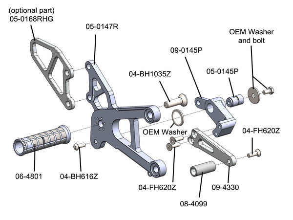 Woodcraft 05-0147B 2007-08 Kawasaki ZX6/636 Complete Rearset - STD/GP Shift image 2