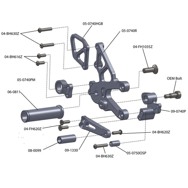05-0741B Aprilia RSV4 2011-16, Tuono V4 2011-16 Complete Rearset Kit w/ Pedals - GP Shift - Woodcraft Technologies