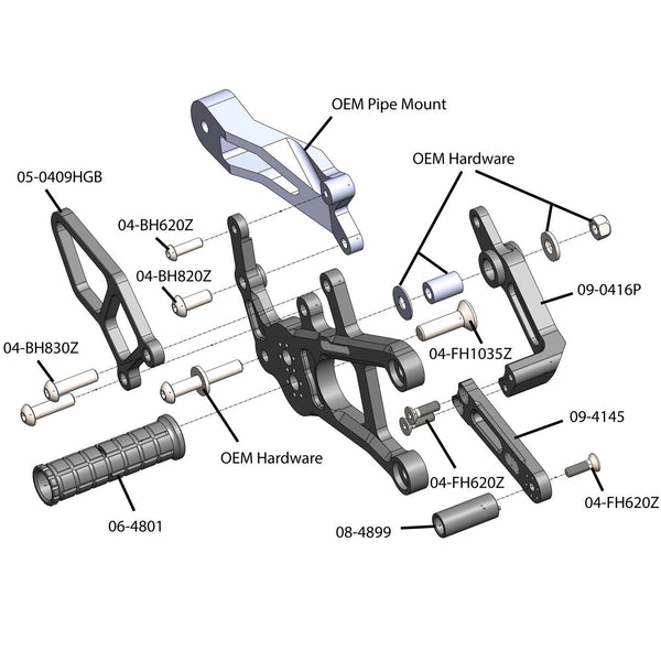 05-0416B Yamaha FZ10 2017 MT10 2018-20  Complete Rearset Kit w/ Pedals - STD/GP Shift - Woodcraft Technologies