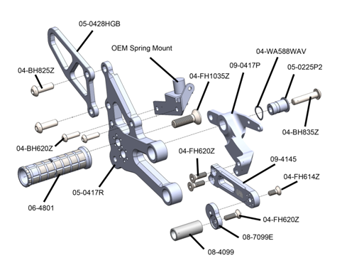 Woodcraft 05-0417B Yamaha YZF-R7 Complete Rearset Kit w/ Pedals