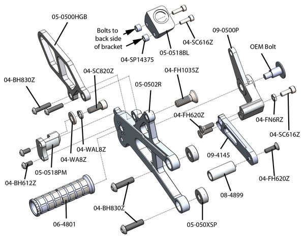 Woodcraft 05-0518B Triumph Daytona Moto 2 Complete Rearset Kit w/Pedals