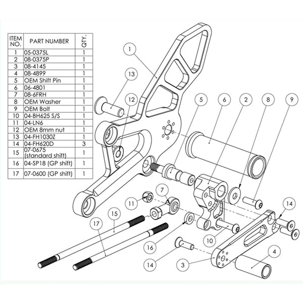 Woodcraft 05-0375B Honda CBR250R/300R Complete Adjustable Rearset  - STD Shift