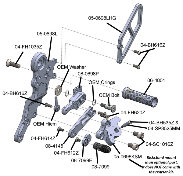 Woodcraft 05-0698B Ducati Hypermotard 698 Mono Rearset Kit - STD Shift