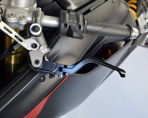 MOTOCORSE NEW STYLE BILLET ADJUSTABLE FOLDING CLUTCH LEVER FOR BREMBO SEMIRADIAL BRAKE MASTER CYLINDER, BLACK or SILVER