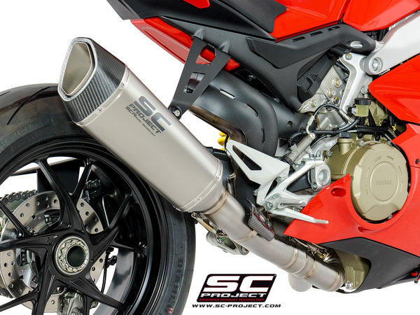 SC PROJECT DUCATI PANIGALE V4 2-1 EXHAUST SYSTEM IN FULL TITANIUM AND SC1-R – HIGH POSITION MUFFLER / D26-HT91T