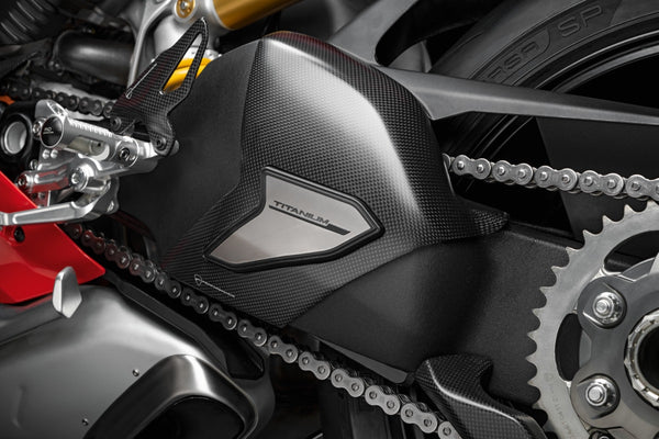 SCRAMBLER DUCATI PANIGALE V4 Carbon and titanium swinging arm cover.