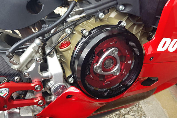 CNC RACING Clear oil bath clutch cover with carbon fiber inlay for Ducati Panigale