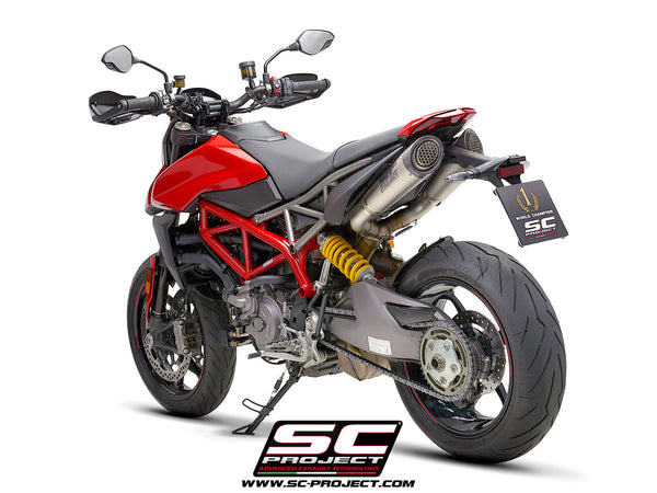 SC PROJECT DUCATI HYPERMOTARD 950 - SP (2019 - 2021) Pair of S1 Mufflers, titanium, with carbon fiber end cap and titanium mesh stone guard D31-41TR